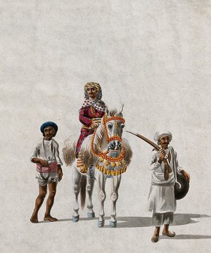 view A jamindar (land owner) riding a horse accompanied by a guard and an attendant. Gouache painting by an Indian artist.