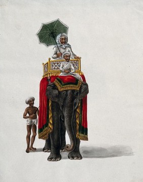 A wealthy man, holding an umbrella, sitting on a howdah (seat) placed on the back of a rug-draped Indian elephant. Gouache painting by an Indian artist.
