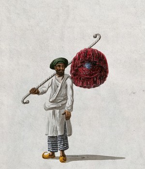 view An Indian man holding a fan (?). Gouache painting by an Indian artist.