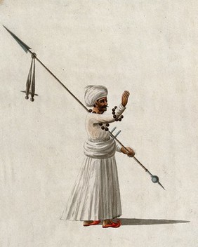 A man carrying a pike with daggers. Gouache painting by an Indian artist.