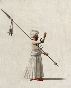 view A man carrying a pike with daggers. Gouache painting by an Indian artist.