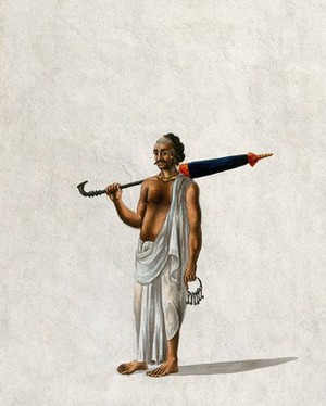 view A head bearer, holding an umbrella and a bunch of keys. Gouache painting by an Indian artist.