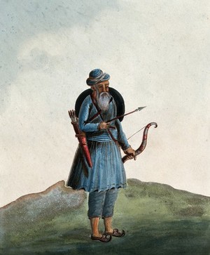view A man carrying a bow and arrow and a shield. Gouache painting by an Indian artist.