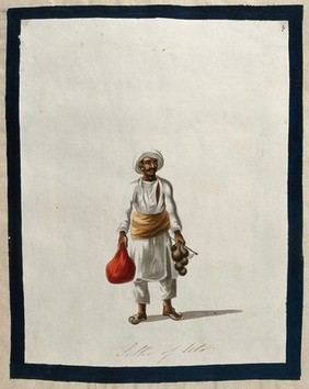 An Indian perfume merchant; a man carrying gourds filled with perfume. Gouache painting by an Indian artist.