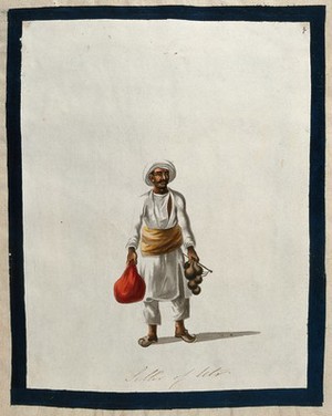 view An Indian perfume merchant; a man carrying gourds filled with perfume. Gouache painting by an Indian artist.