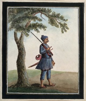 A guard carrying a rifle, a sword and a bugle horn (?). Gouache painting by an Indian artist.