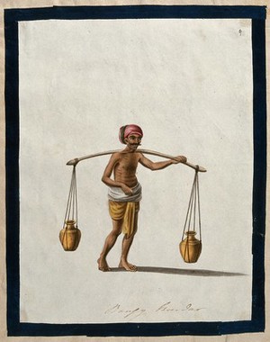 view An Indian man, maybe selling milk or water, carrying two pots suspended on a pole, on his shoulder. Gouache painting by an Indian artist.
