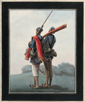 Two sepoys (native soldiers) holding rifles and swords. Gouache painting by an Indian artist.