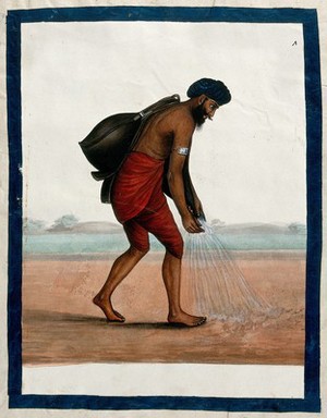 view A B'heesthy or waterman, watering the road with a leather bag filled with water. Gouache painting by an Indian artist.