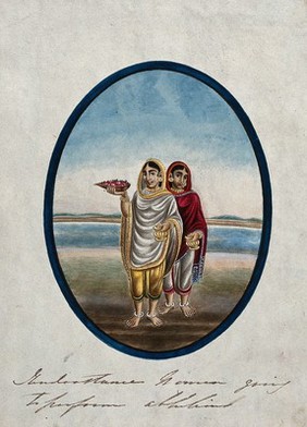 Two women performing ablution before going for their prayers. Gouache painting by an Indian artist.