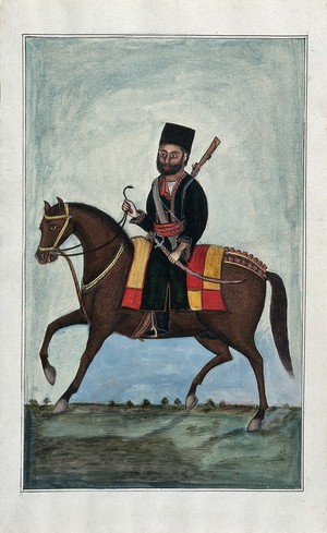 view A soldier, holding a sword, riding on a horse. Gouache painting by an Indian artist.