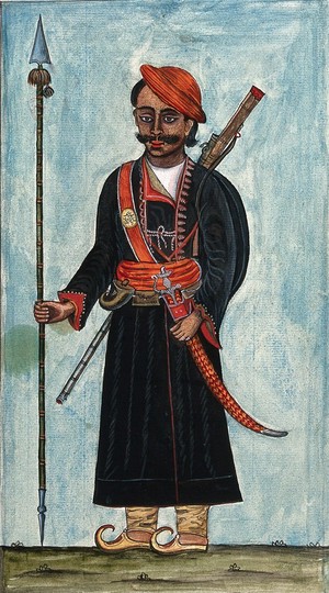 view An Indian guard in his uniform. Gouache painting by an Indian artist.