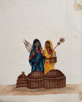 Two women with large nose rings wearing bright saris standing next to some baskets. Watercolour by an Indian artist.