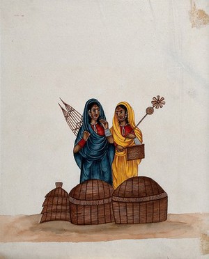 view Two women with large nose rings wearing bright saris standing next to some baskets. Watercolour by an Indian artist.