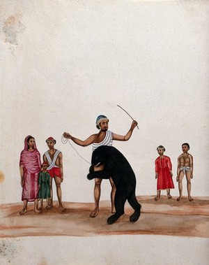 view A man with his performing bear watched by a group of people. Watercolour by an Indian painter, 18--.