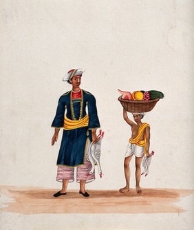 A man carrying two ducks followed by a servant carrying a basket of fruit. Watercolour by an Indian painter.