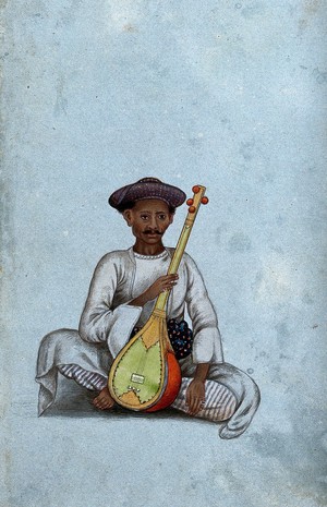 view A musician holding a sitar. Watercolour by an Indian painter.