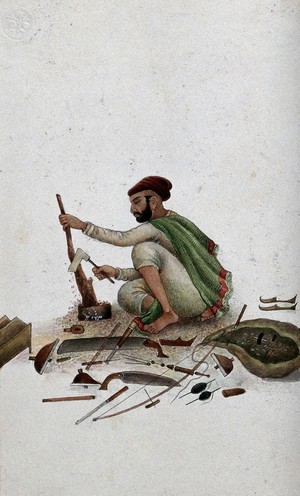 view Delhi: a carpenter chipping at wood. Watercolour by an Indian painter.