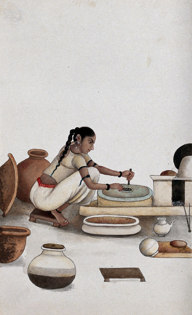 Delhi: a woman grinding grain into flour. Watercolour by an Indian painter.