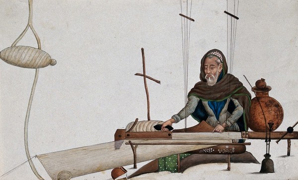 A man weaving cloth. Watercolour by an Indian painter.