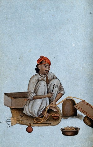 view Delhi: a goldsmith at work. Watercolour by an Indian painter.