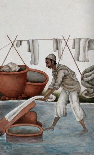 view Delhi: a washerman washing clothes. Watercolour by an Indian painter.