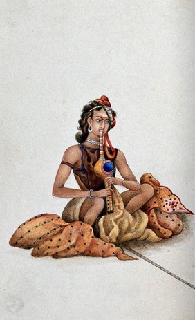 Delhi: a snake charmer. Watercolour by an Indian painter.