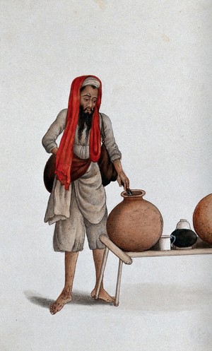 view Delhi: a bheestie, a servant who draws and carries water. Watercolour by an Indian artist.