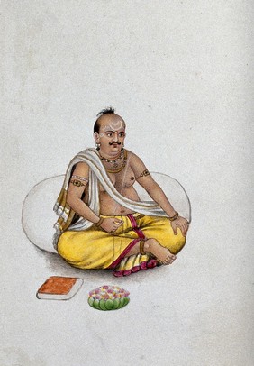A brahmin telling his beads. Watercolour by an Indian artist.