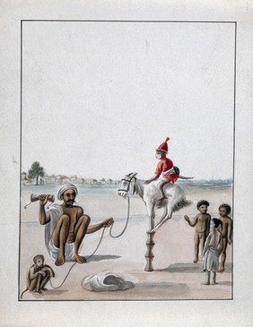 A man conducting a monkey show on the street, watched by some children. Watercolour by an Indian artist.