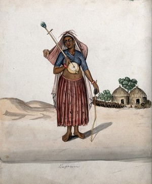 view A village woman carrying a musical instrument in one hand, a stick with a small bowl in the other and a baby tied up in a bundle on her head. Watercolour by an Indian artist.