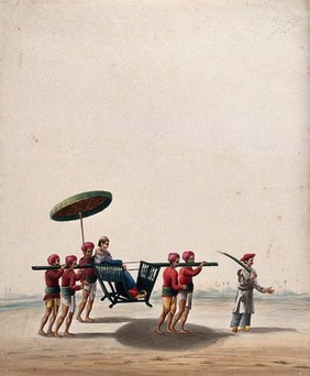 A man sitting in a portable chair carried by four bearers along with a servant holding an umbrella, lead by a man with a sword. Watercolour by an Indian artist.