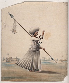 A man holding a long arrow with two puppets (?) hanging from it. Watercolour by an Indian artist.