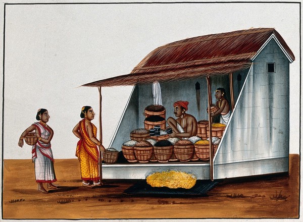 Two women at a shop selling grains and pulses. Watercolour by an Indian artist.