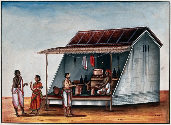 A man at a arrack (a strong alcoholic drink) shop, whilst a couple talk to each other behind him. Watercolour by an Indian artist.