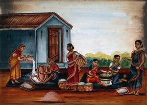 view Women grinding and sieving grain into flour. Watercolour by an Indian artist.