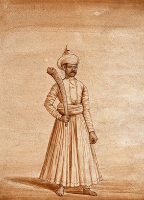 An Indian watchman. Drawing by an Indian artist.