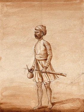 An Indian plumber (?) holding some instruments. Drawing by an Indian artist.