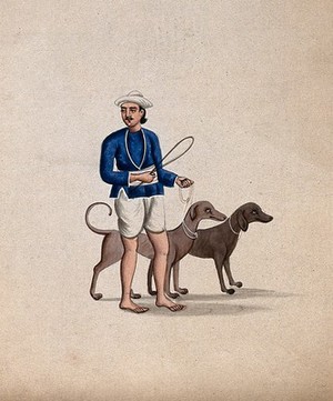 view A dog keeper with two dogs. Watercolour by an Indian artist.