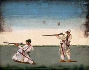 view Two Indian soldiers (?) take aim and fire their rifles. Watercolour by an Indian artist.