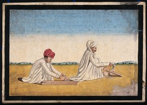 view Two carpenters, possibly father and son, at work. Watercolour by an Indian artist.