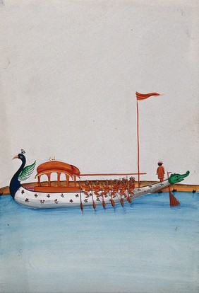 Six men row a long boat with a domed canopy, shaped as a peacock in the front and a dragon's mouth at the back. Watercolour by an Indian artist.