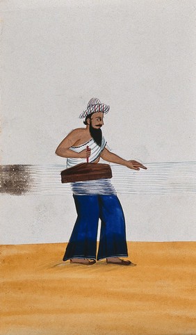 A man with a long beard and a checked cap carding thread. Watercolour by an Indian artist.