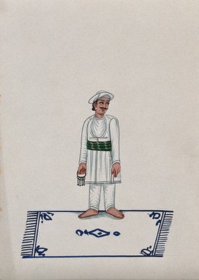 A servant standing on a carpet holding a bunch of keys. Watercolour by an Indian artist.