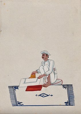 A servant ironing clothes. Watercolour by an Indian artist.