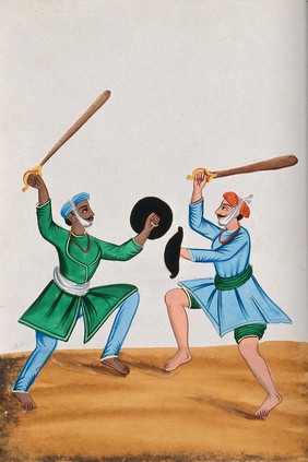 Two Sikh men dueling with wooden swords. Watercolour by an Indian artist.