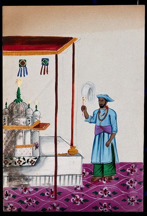 view A small mosque under a canopy being attended to by a man holding a fly whisk. Gouache painting by an Indian painter.