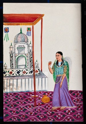 view A small mosque under a canopy being attended to by a woman holding a fly whisk. Gouache painting by an Indian painter.