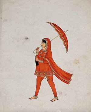 view A Sikh (?) woman in a bright orange dress holding an umbrella and walking. Gouache painting by an Indian painter.