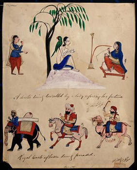 A lady consults a devotee about her fortune in the top half of the painting while different beasts of burdens are being paraded in the bottom half. Gouache paintings by an Indian artist.